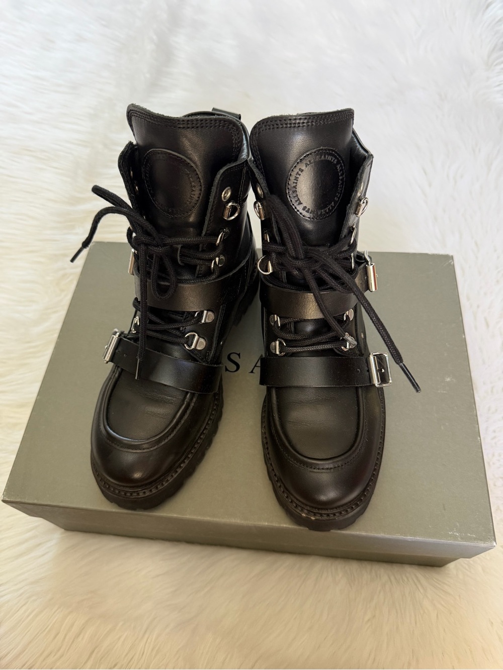 AllSaints NOA Black Leather Combat Boots Sz 5